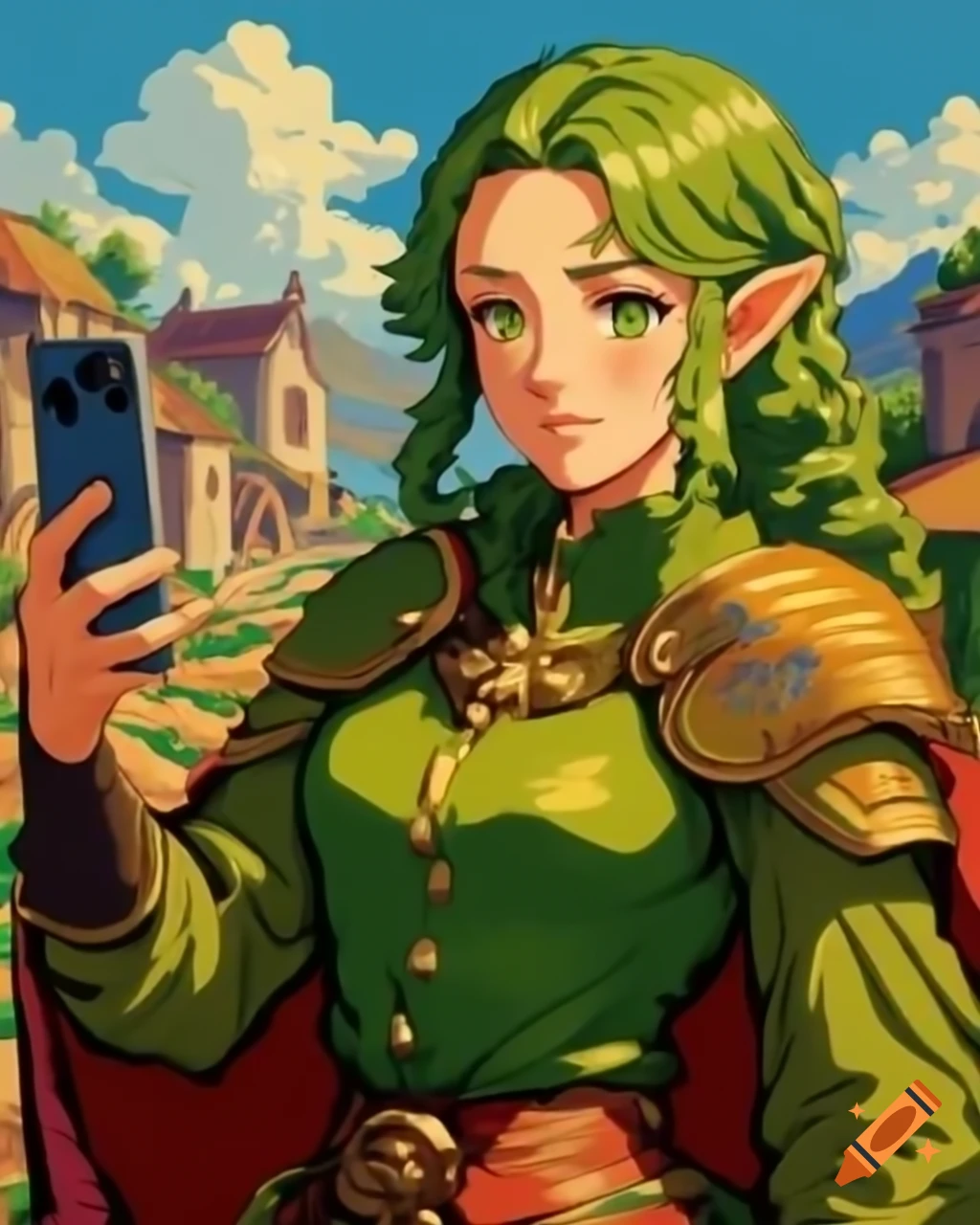 Retro pixel art of green-haired demi-elf in nomad village, alchemist hairstyle