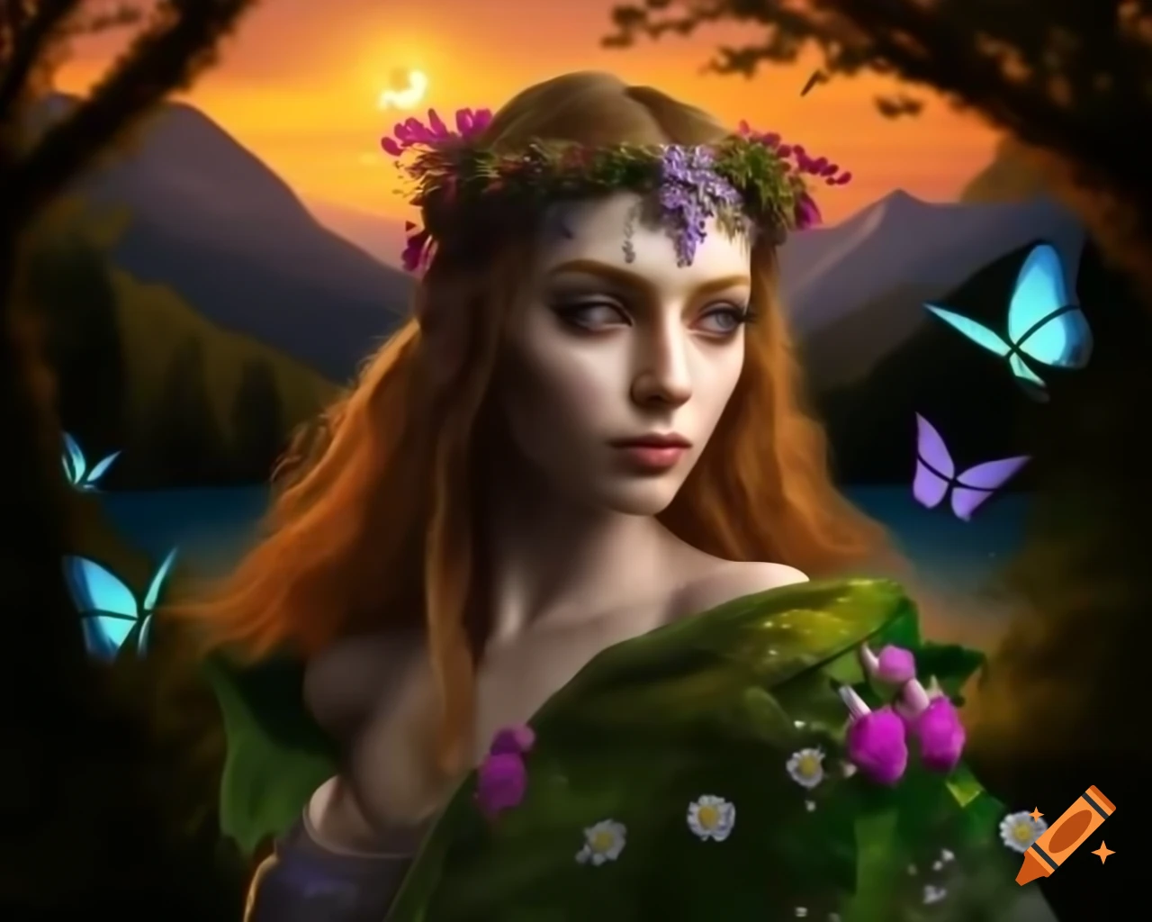 Hyperrealistic render of mystical Norse Celtic woman with flowers and butterflies in hair
