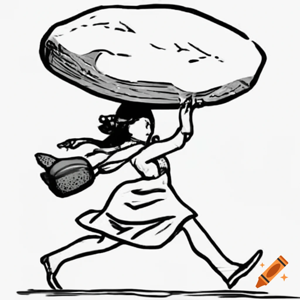 Woman walking while carrying a large stone