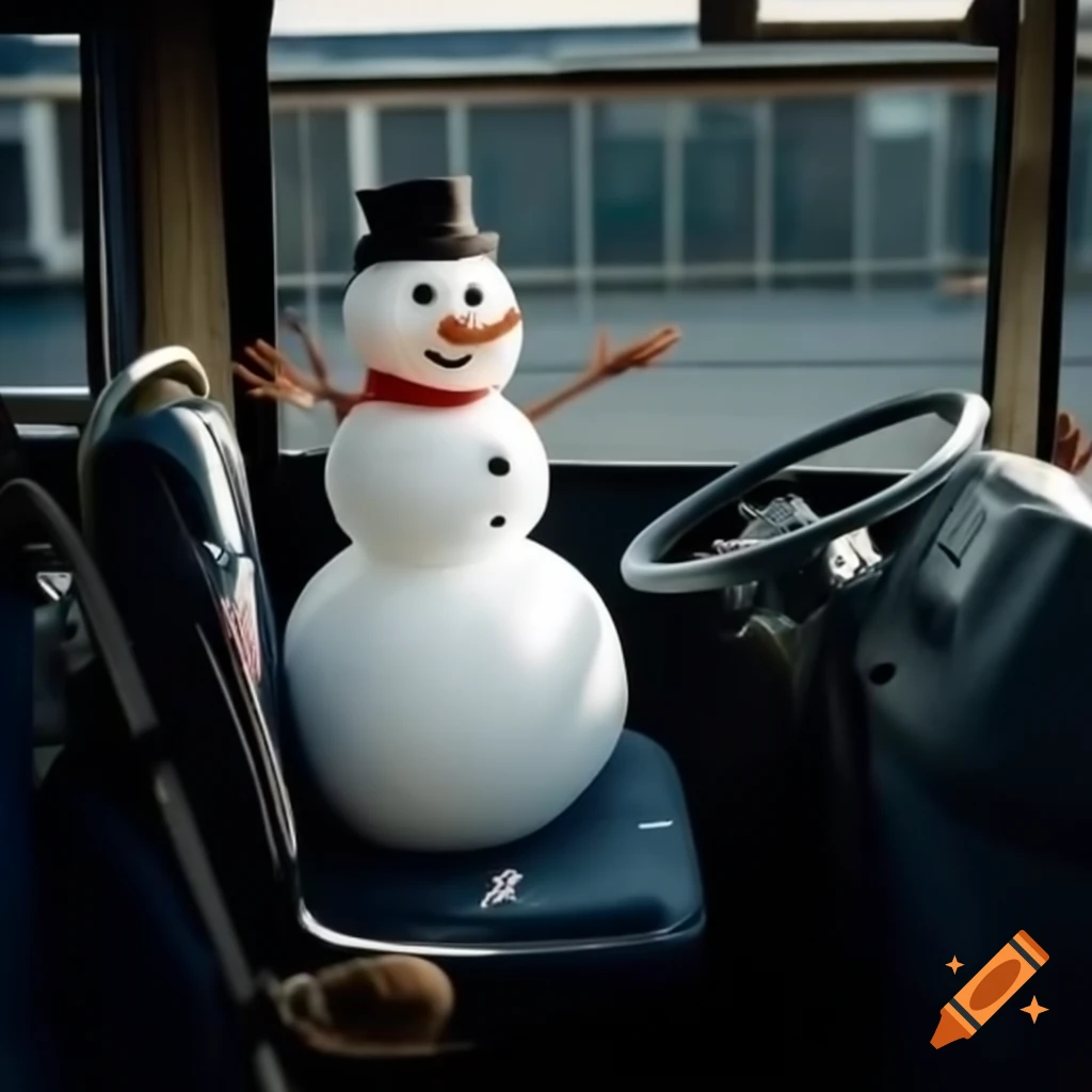 Snowman seated in a bus driver's seat