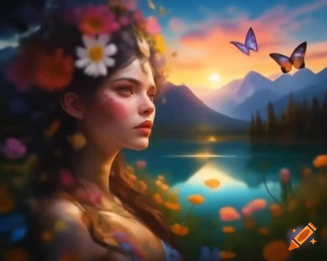 Colorful-haired woman with wildflowers and butterflies in a vibrant costume at sunset