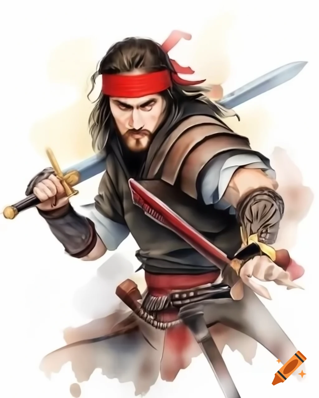 Warrior with red headband and medieval sword in fighting pose