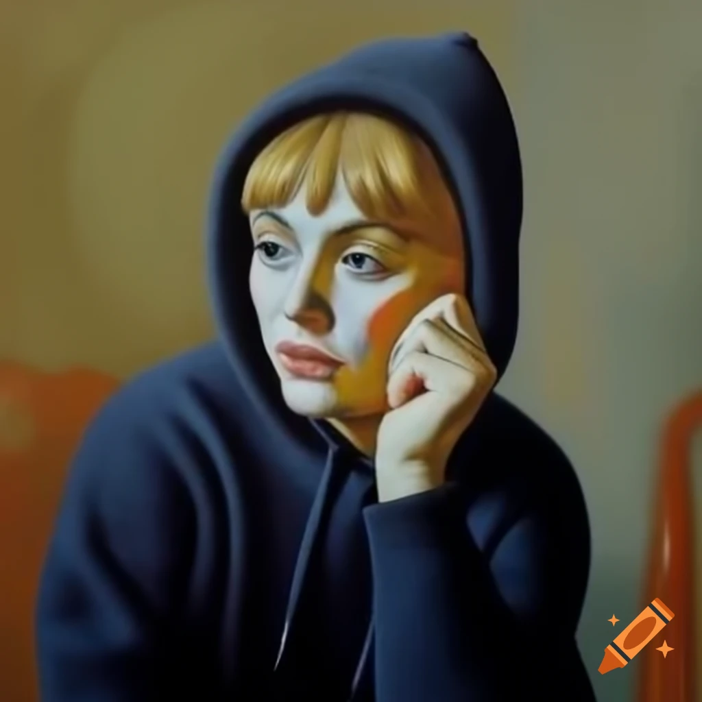 Picasso-style portrait of woman in hoodie with serious expression