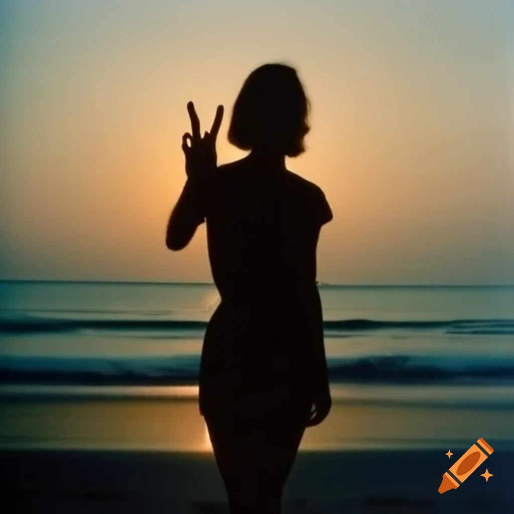 Enigmatic Japanese idol actress in 1980 city pop fashion at palm beach making peace sign