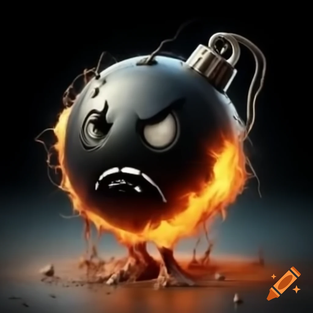 Cartoon bomb with a face and legs, about to explode