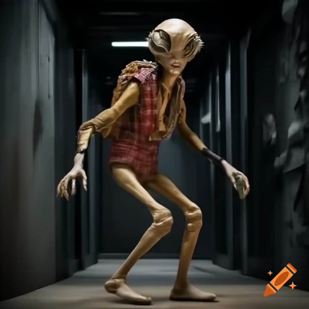 Realistic portrayal of alien character in checkered suit walking in deep void