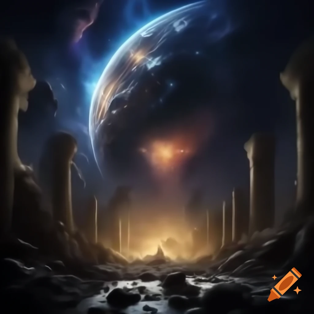 Surreal cosmic dream war aftermath with ruins and destruction, suggesting mystery