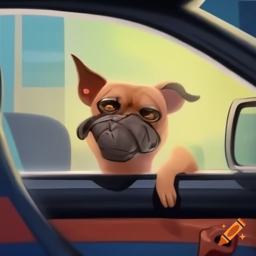 Funny caricature of dog sticking head out of car