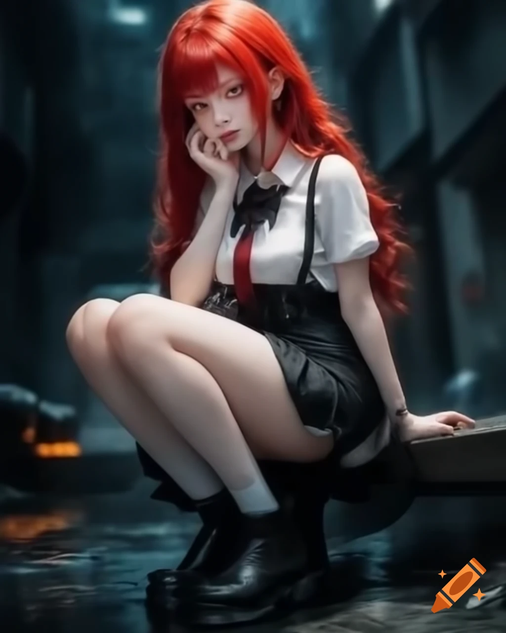Goth anime woman with red hair in white dress smiling in the rain