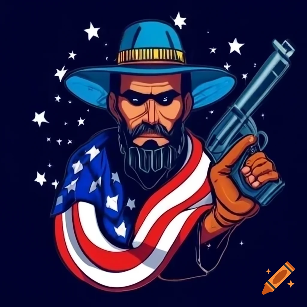 American man in large hat holding gun draped in stars and stripes flag