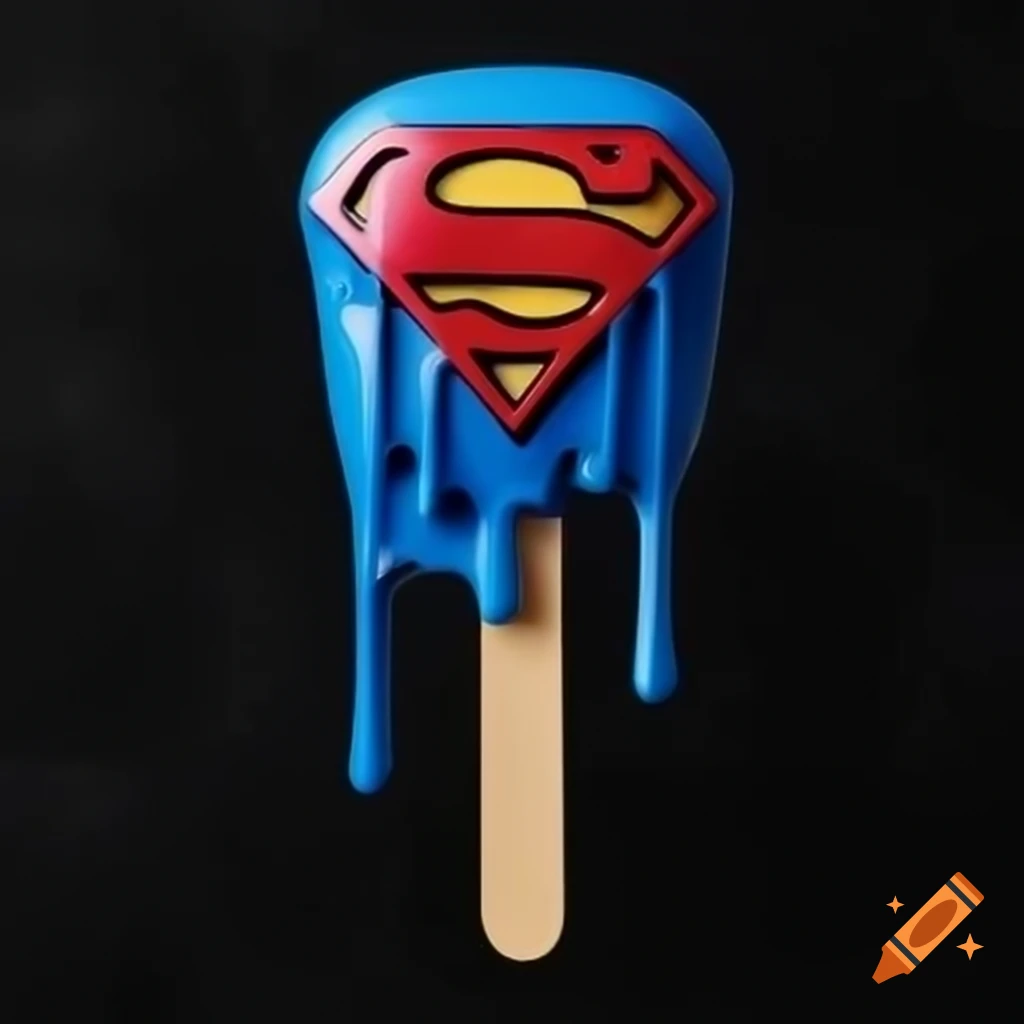 Melting Superman head on popsicle stick with cape, realistic artwork
