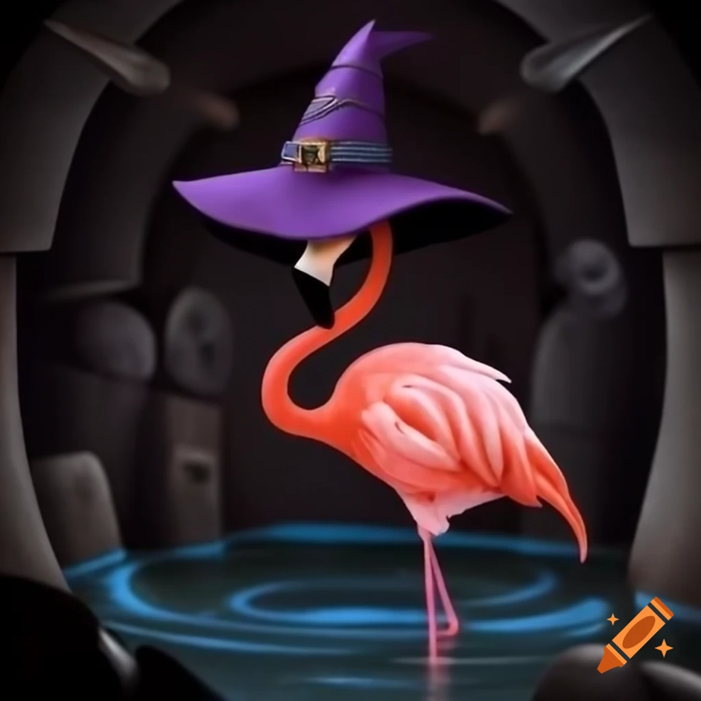 Flamingo wearing a witch's hat casting a spell in a crypt