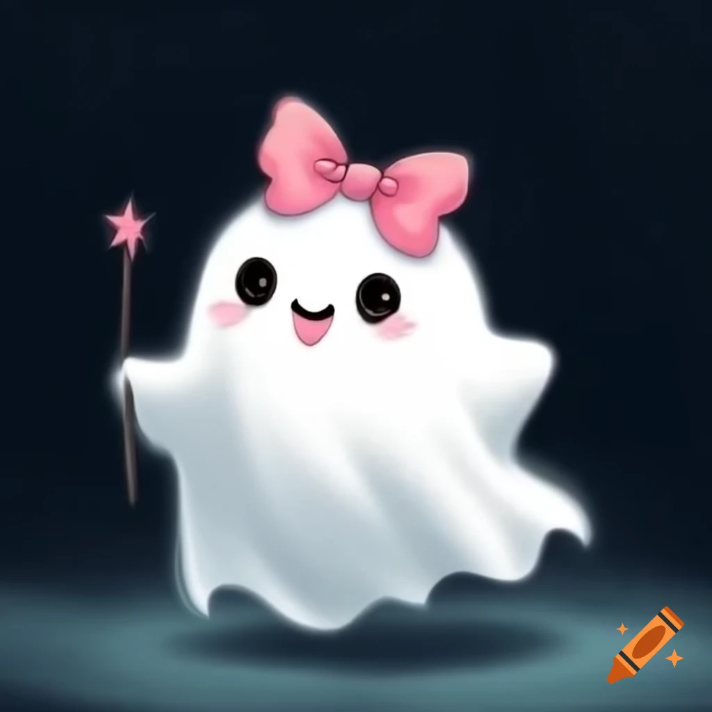 Cute ghost wearing a bow on its head