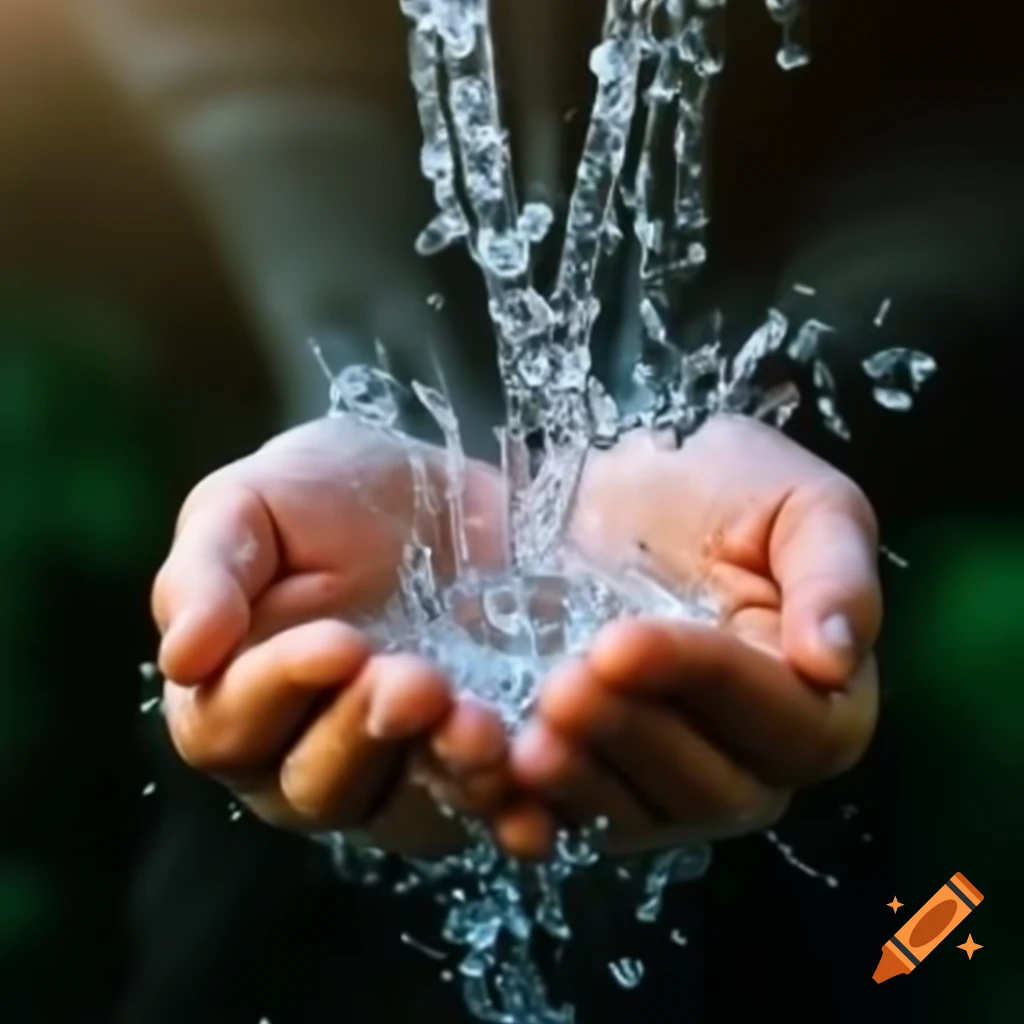 Hands holding magical flowers with water, wide shot