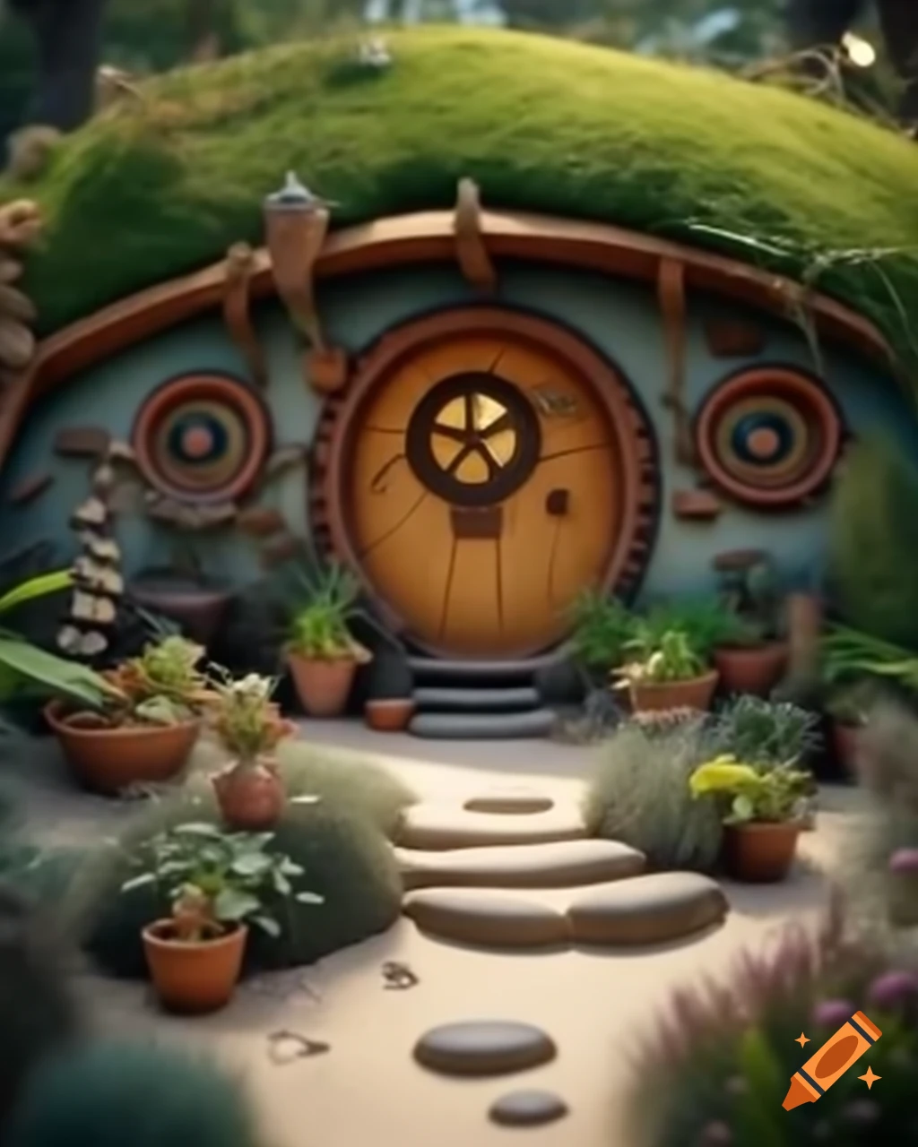 Cozy hobbit house with potted plants on the beach and crystal blue water