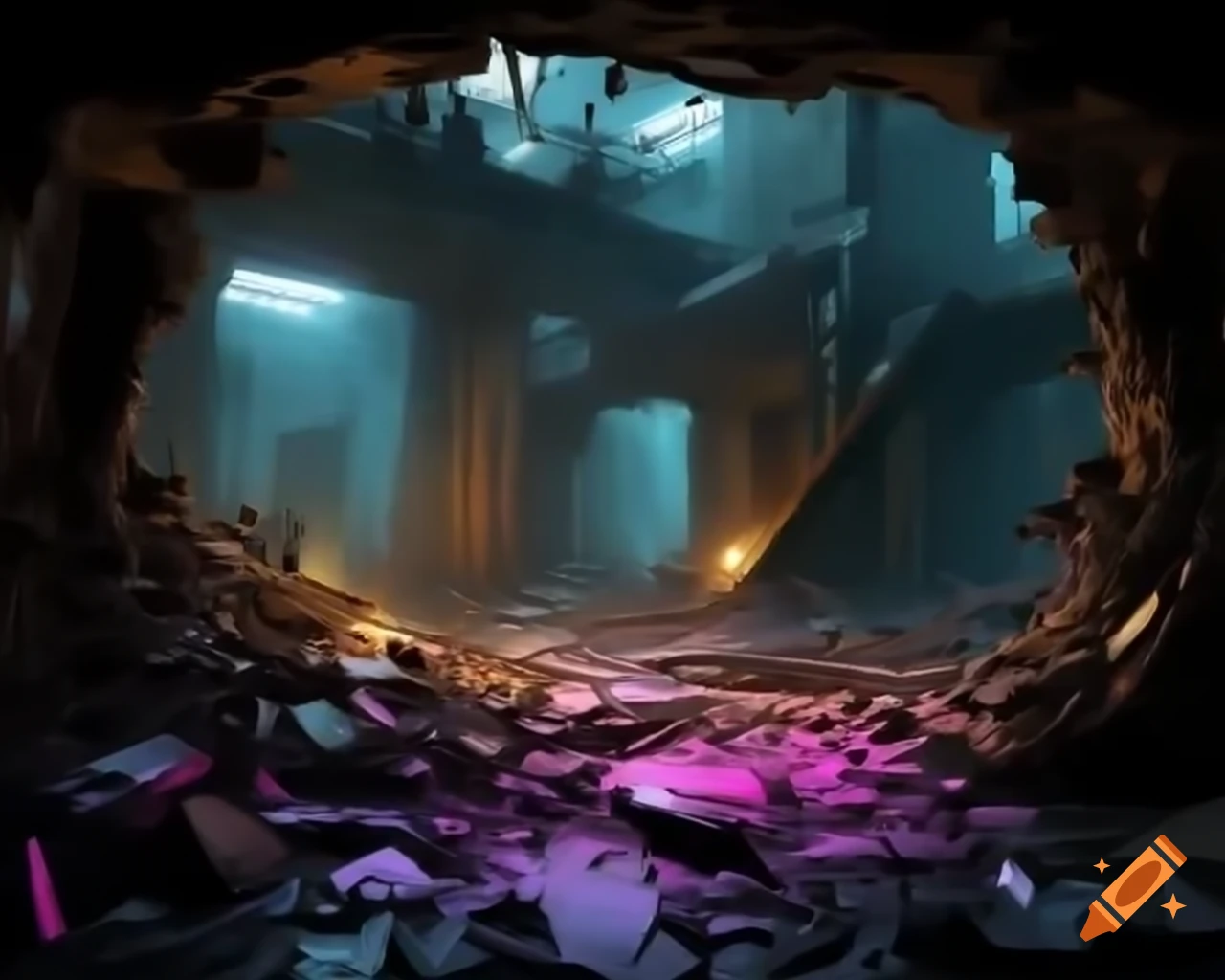 Post-apocalyptic scene depicting humanity rebuilding amidst darkness and ruin