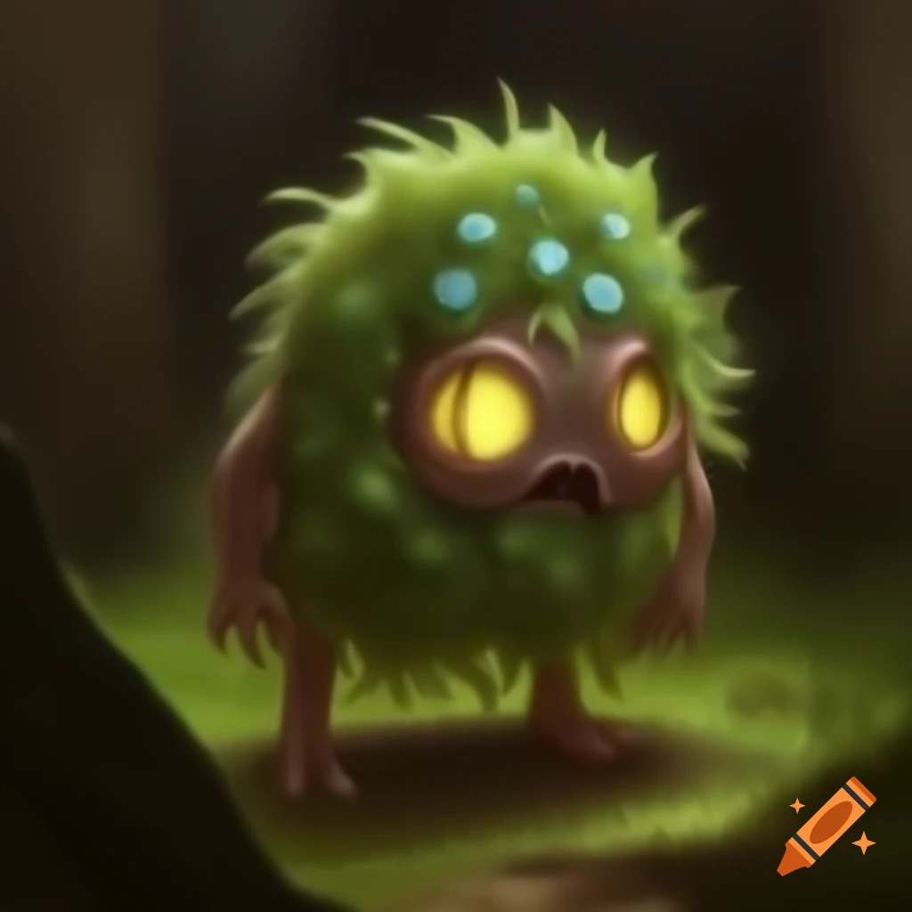 Mischievous forest spirit art toy design with furry creature and glowing eyes