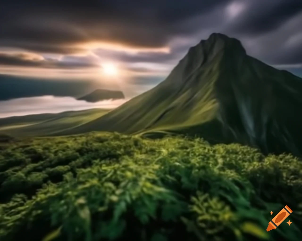Surreal mountain range with giant eye and sea of ripened tomatoes