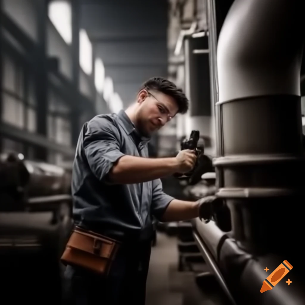 Engineer scanning pipe in industrial factory setting