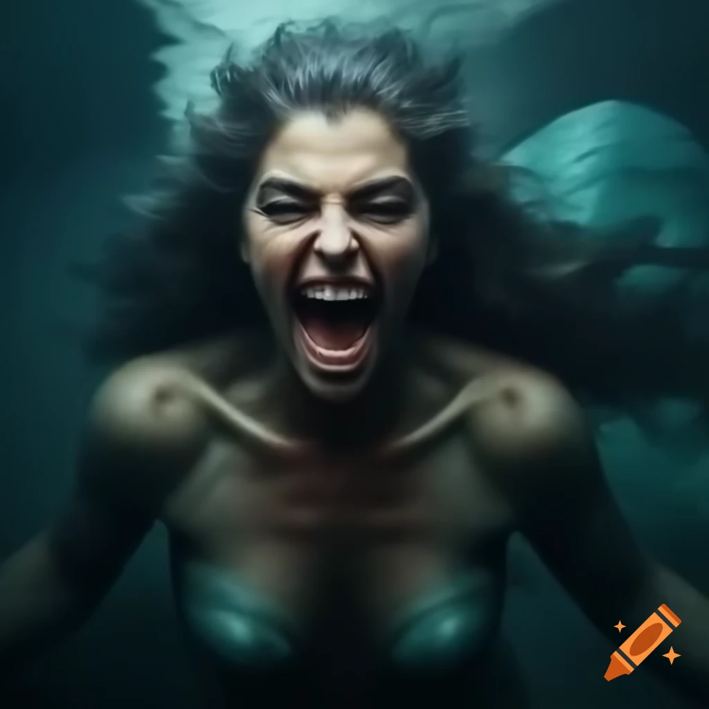 Realistic portrait of a Greek siren mermaid with fangs and claws