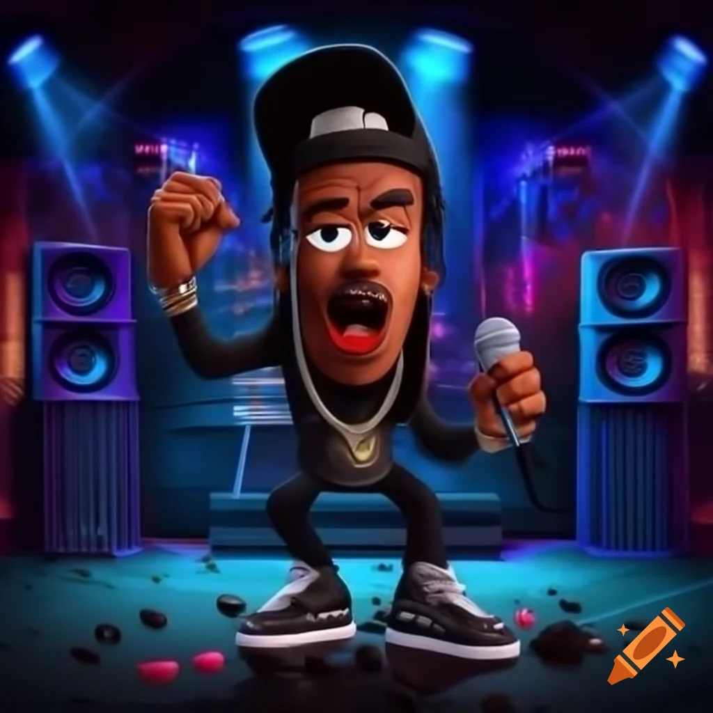 Animated masculine coffee bean performing on urban stage