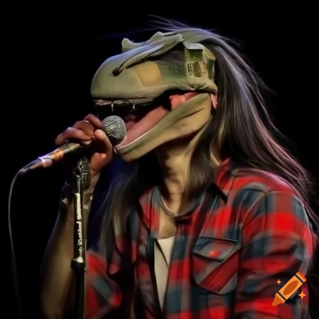 Dinosaur with long hair and flannel shirt singing into microphone