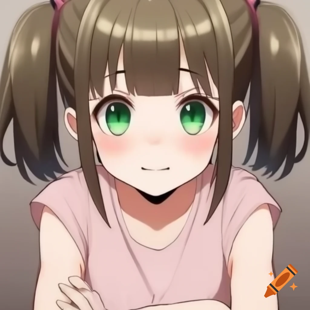 Anime girl with blonde hair and dark green eyes in pink sleeveless shirt