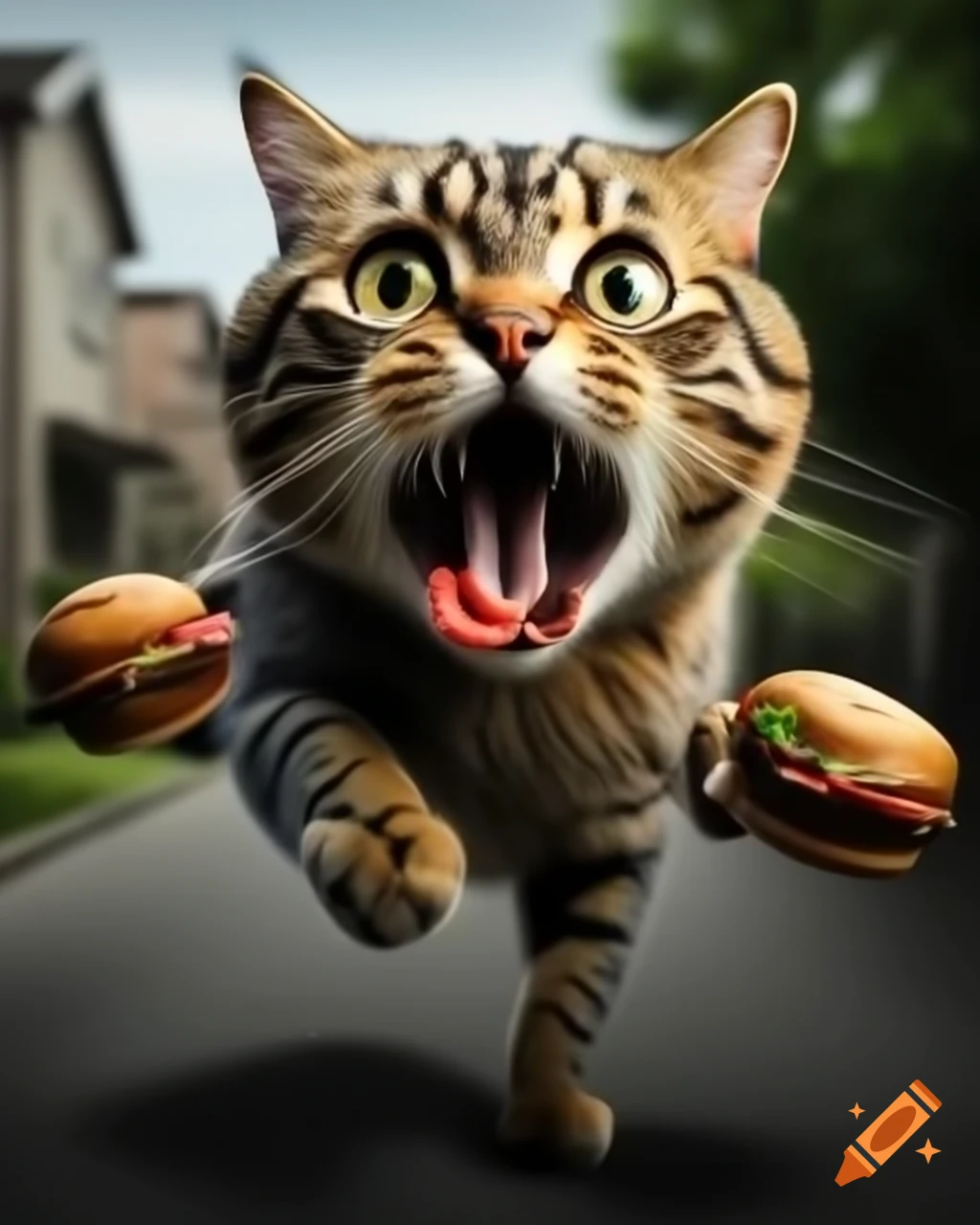 3D visualization of mother cat carrying food through residential area, woman scolding in background