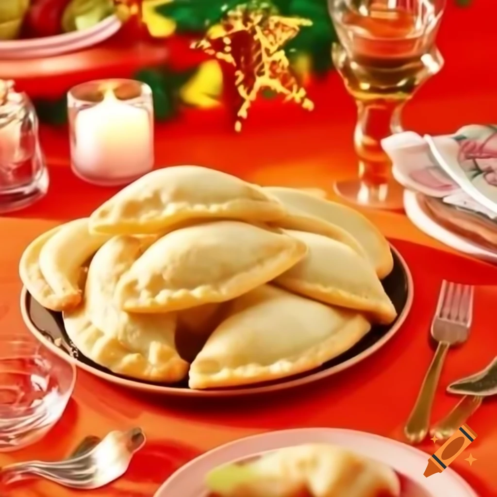 Realistic image of Chilean pino empanadas on a table with traditional decorations for Chilean Independence Day
