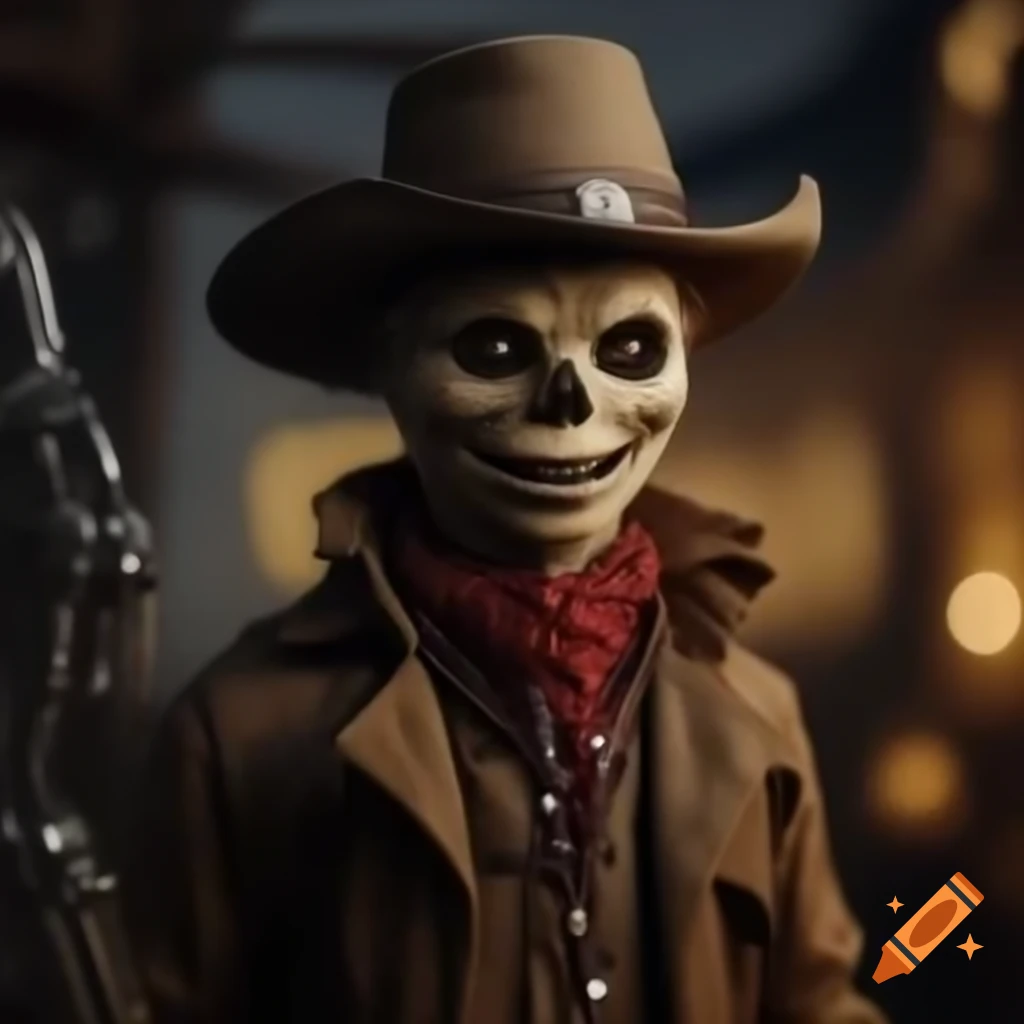 Smiling scarecrow in cowboy hat and trenchcoat with mechanical hands