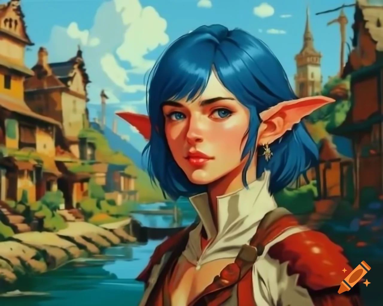 Retro pixel art portrait of blue-haired demi-elf in nomad village