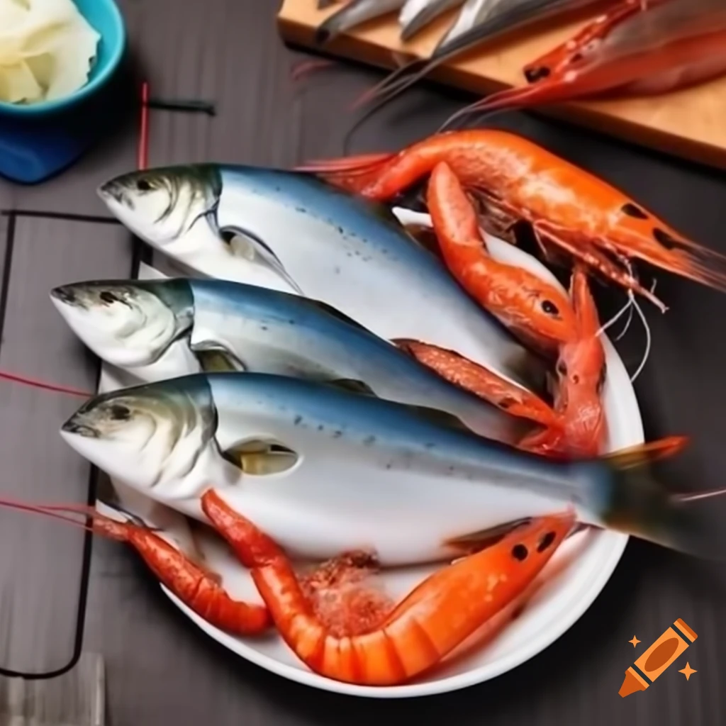 Uncooked fish and prawns on a plate on a table