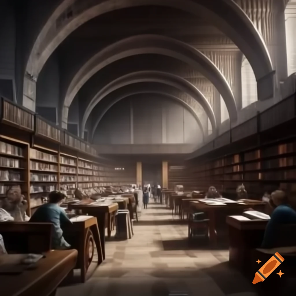 Interior of ancient library with people studying ancient texts