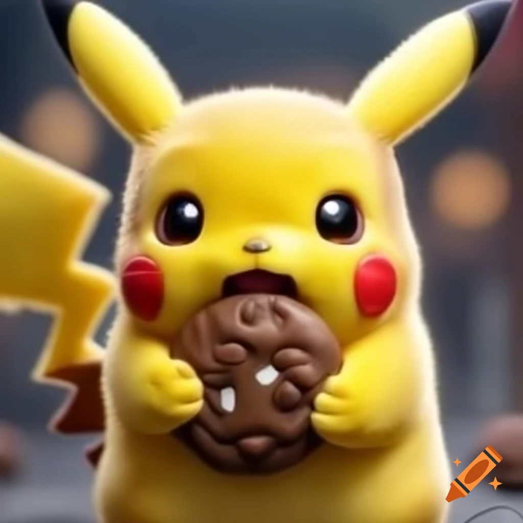 Pikachu holding a chocolate chip cookie in its mouth