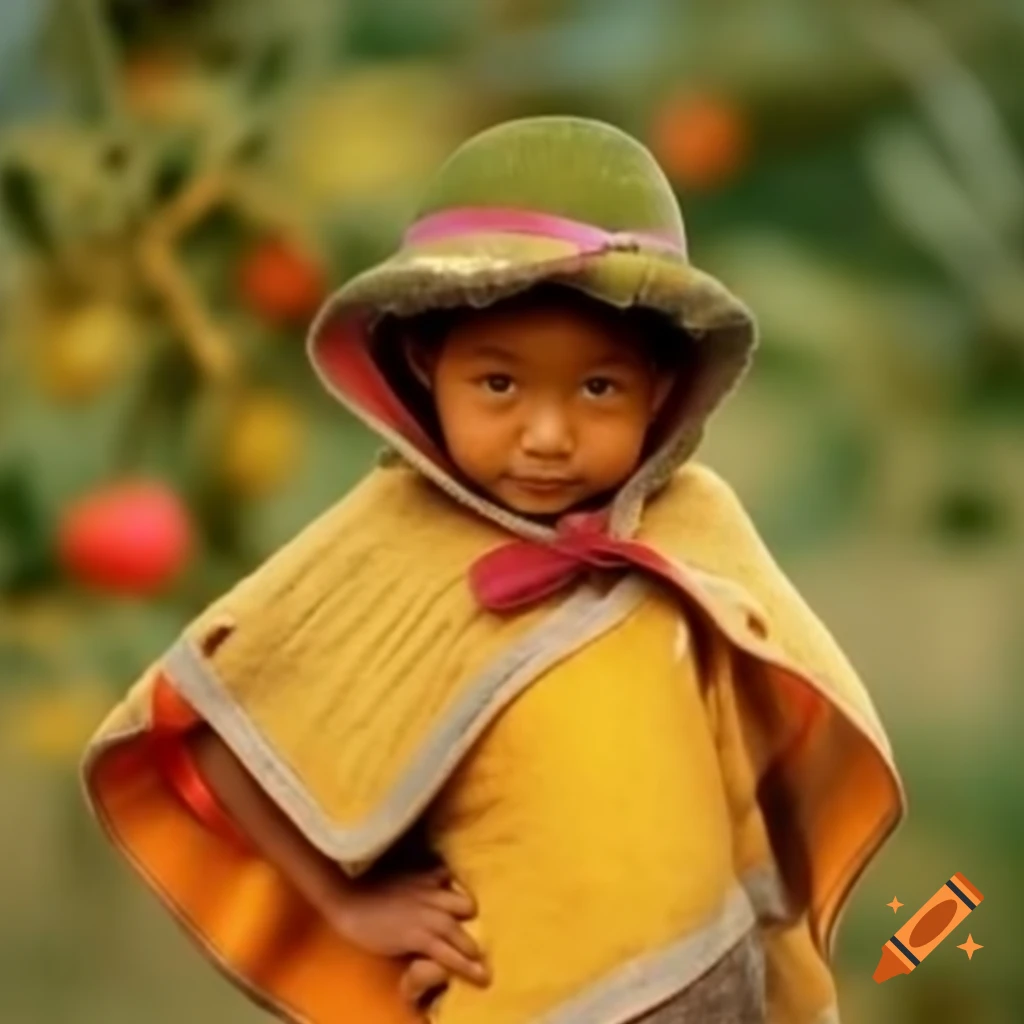 Child wearing colorful poncho and hat eating blueberries