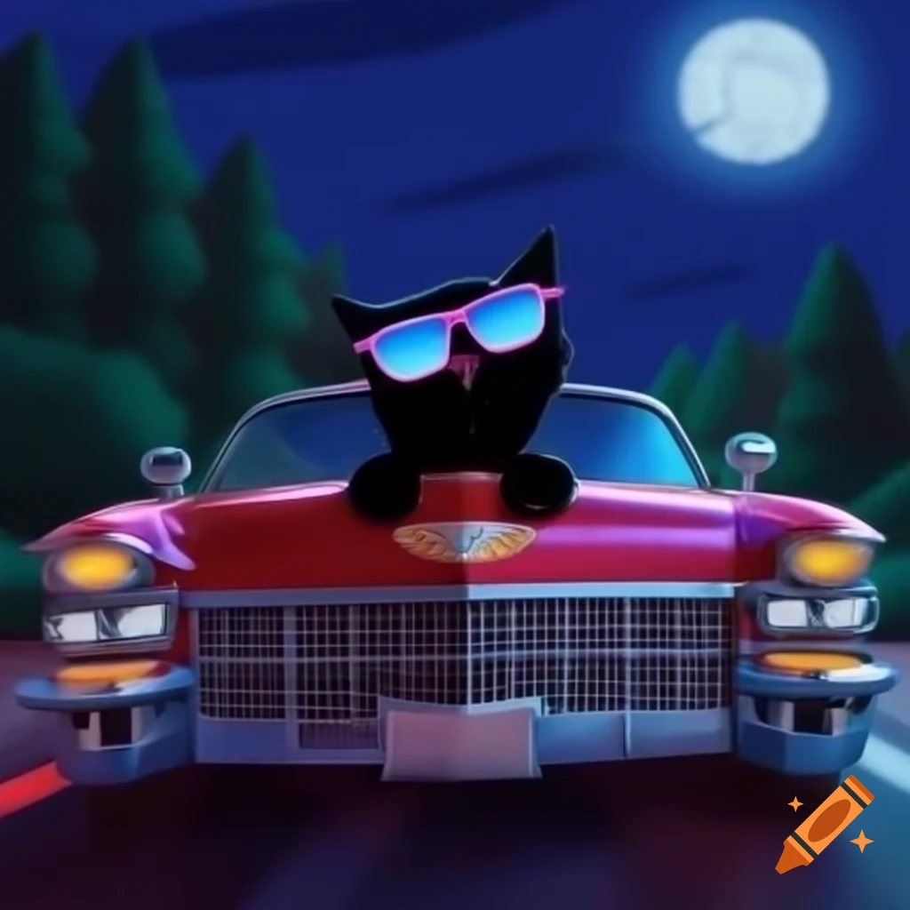 Cartoon of black cat wearing sunglasses driving Cadillac at night