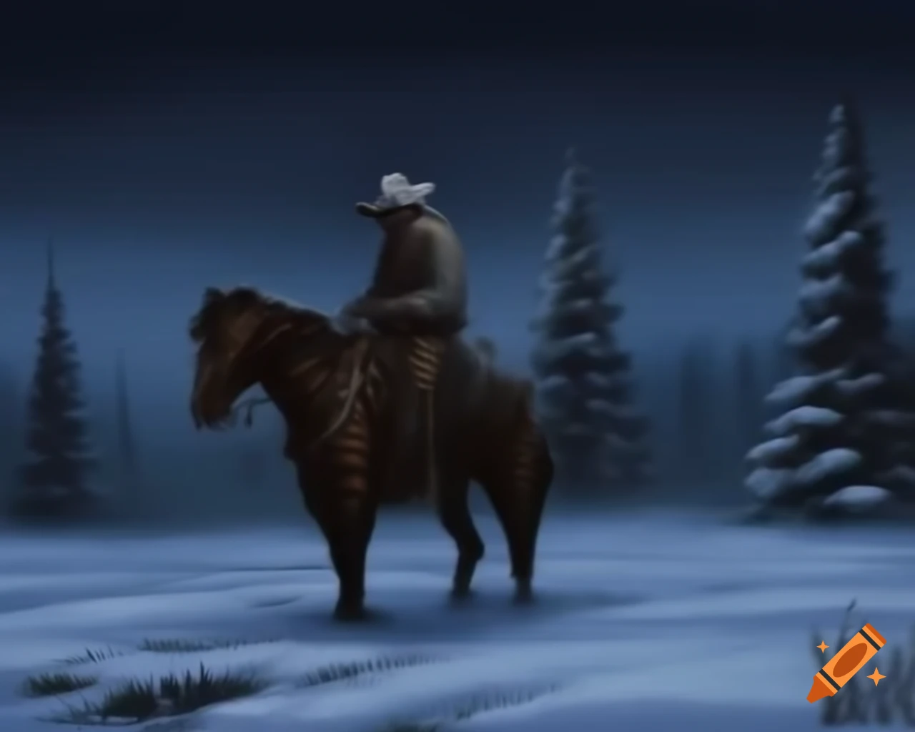 Cowboy riding grey horse in snowy field during snowstorm with Christmas tree lights, oil painting