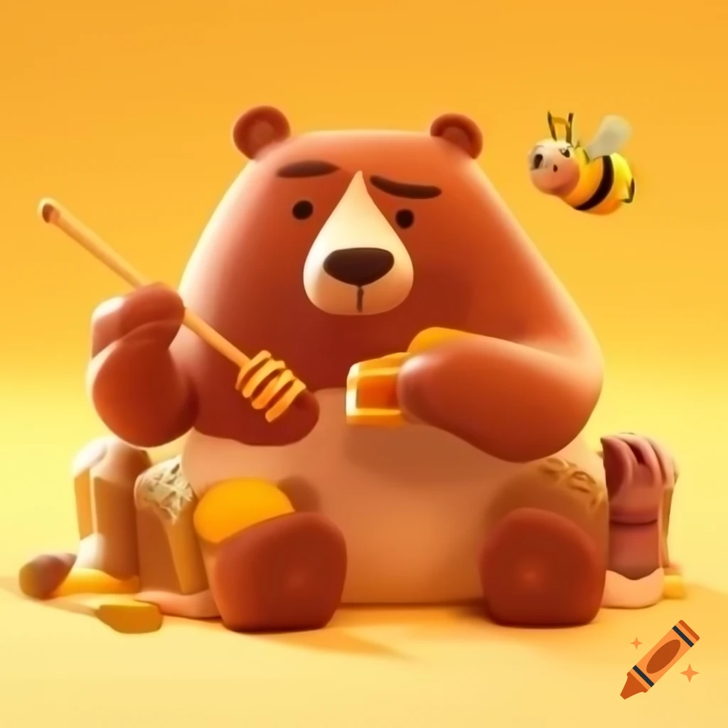 Friendly bear enjoying honey with bees, Pixar style illustration