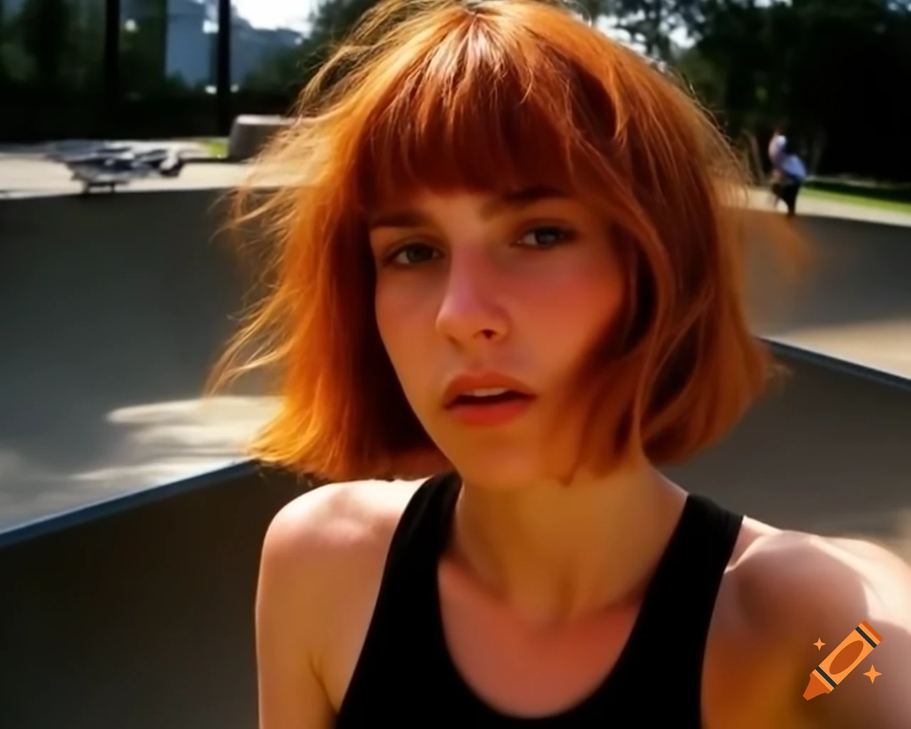 Hyper-realistic portrait of a blushing French female delinquent in skate park