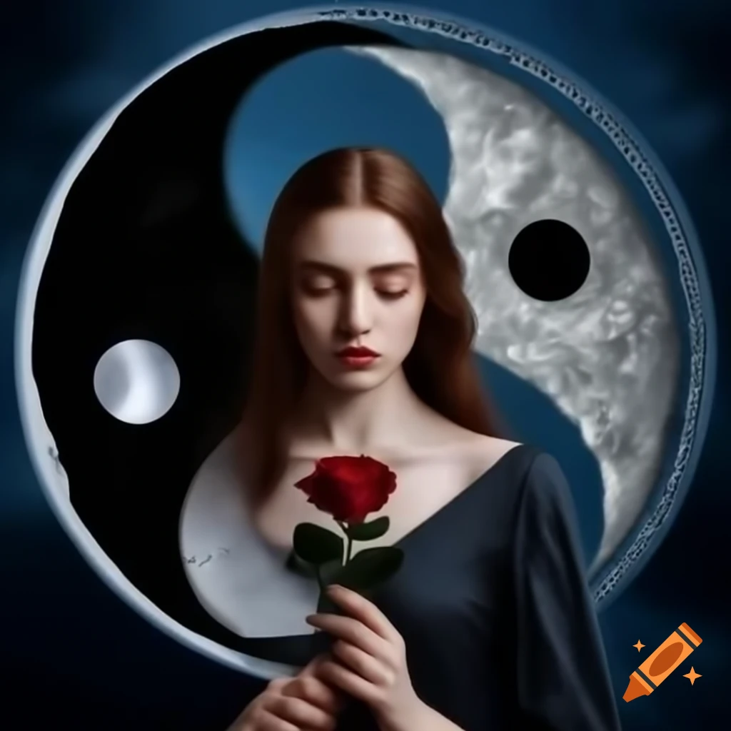 Young english woman with rose in dark dress under yin yang moonlight
