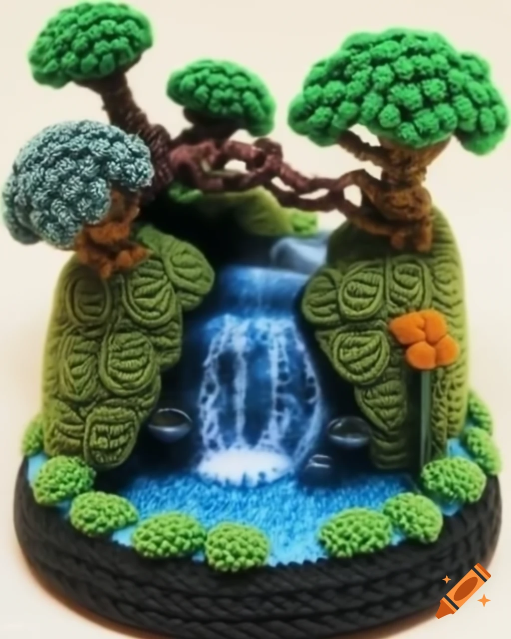 Crochet miniature diorama featuring a waterfall and magical tree