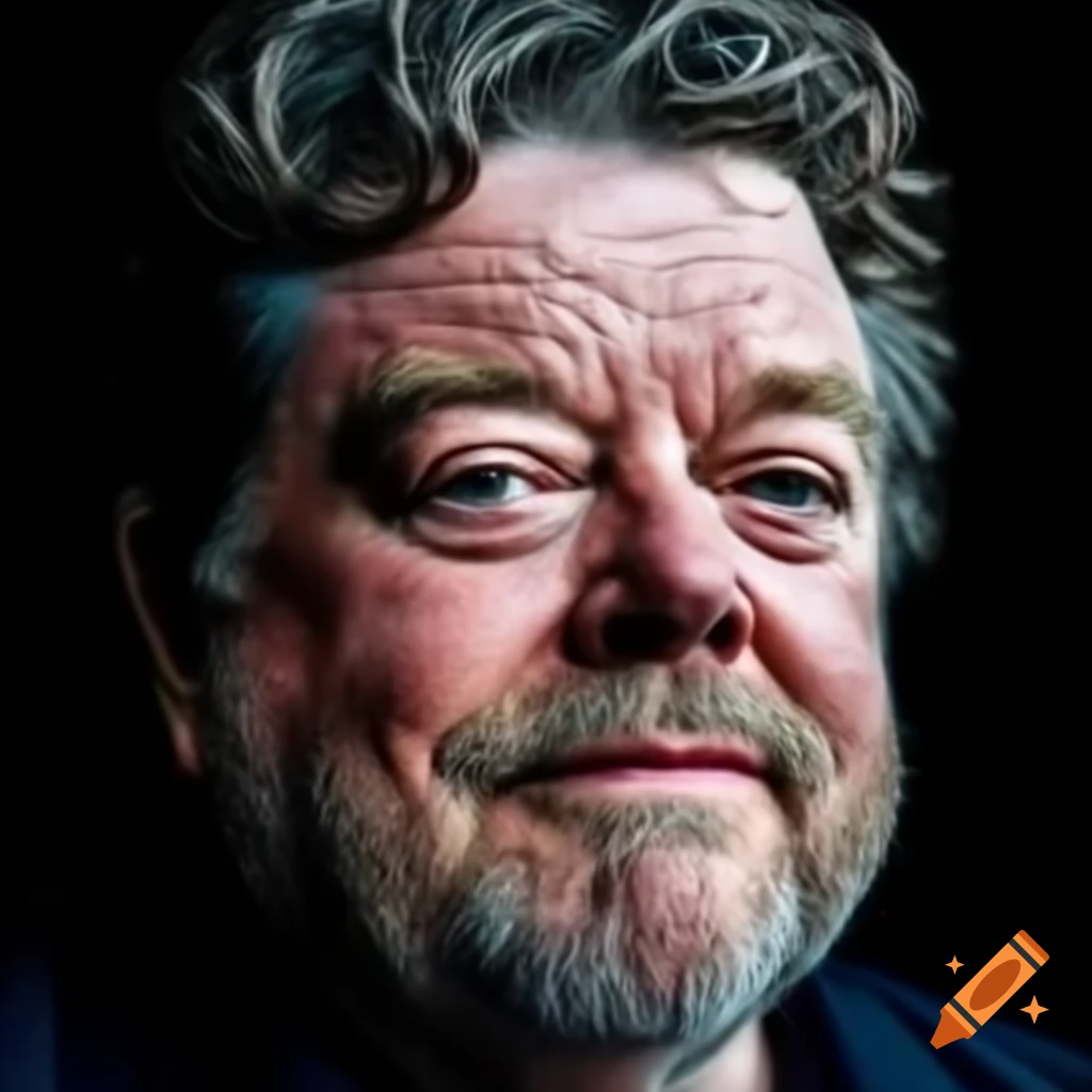 Close-up portrait of middle-aged man with thick beard resembling Robbie Coltrane