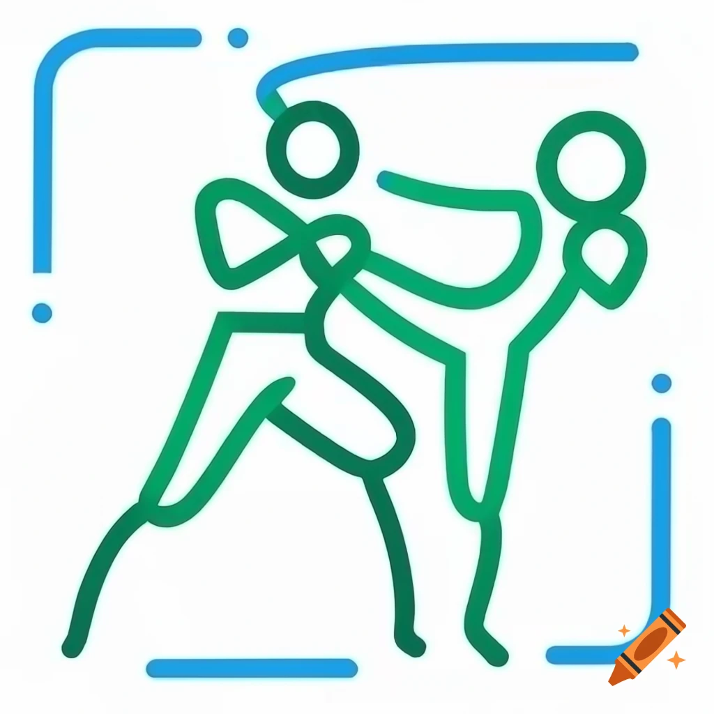 Minimalist black line drawing of Muay Thai with green and blue accents