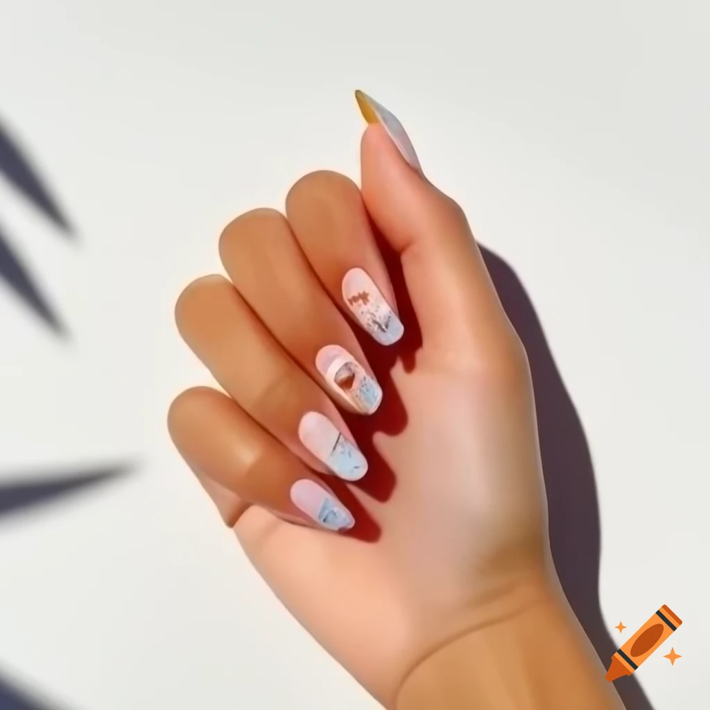 Realistic hand with naturally manicured nails decorated with Mediterranean-themed Matisse-style illustrations