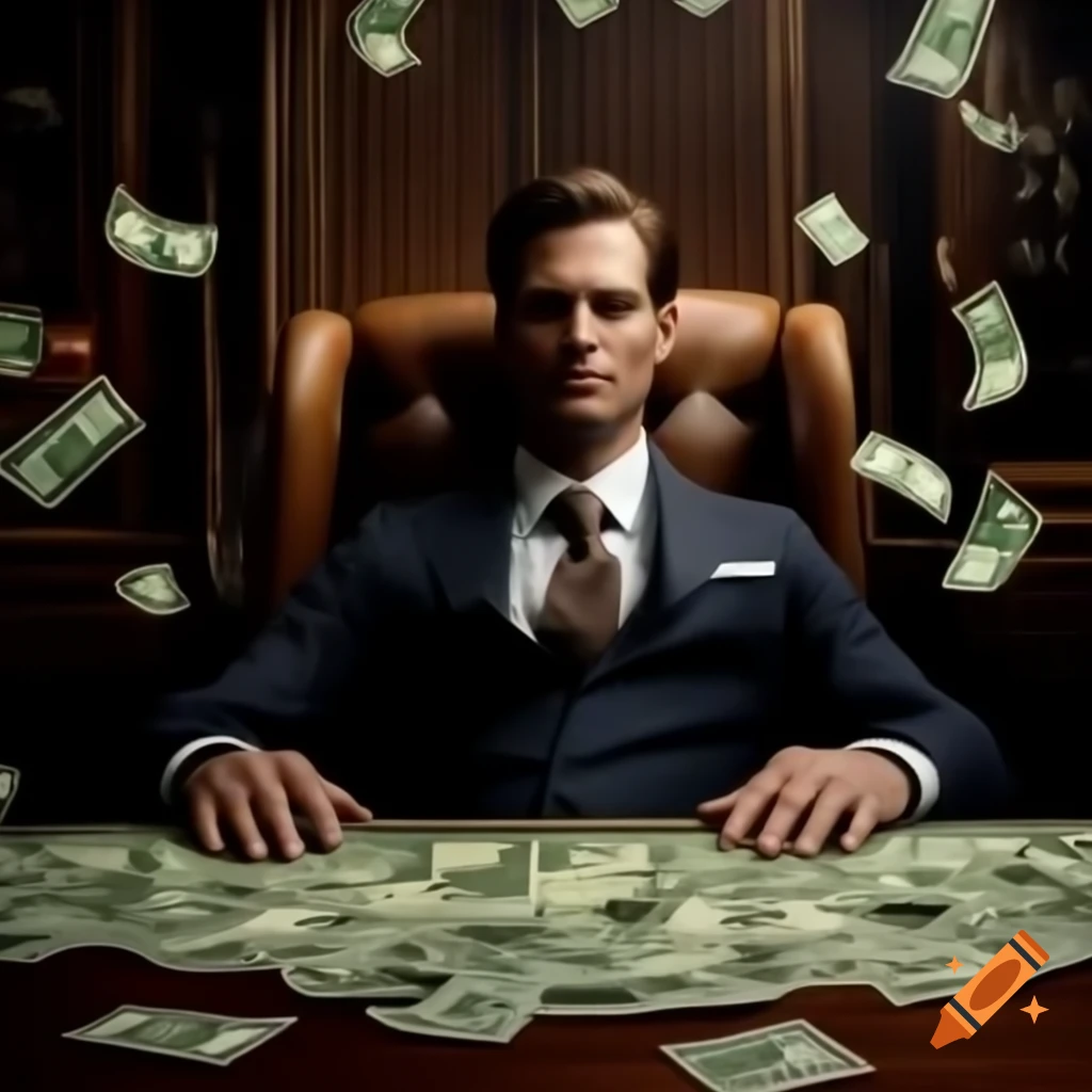 Man in executive suit sleeping on bundle of money with gold coins scattered around