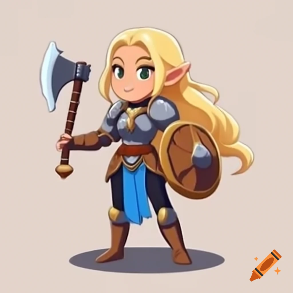 Female paladin with long braided blond hair, holding a one-handed axe and shield