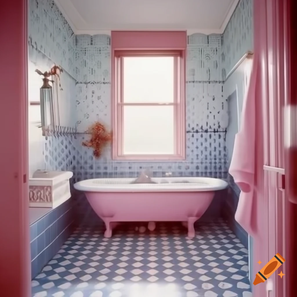 1960s British bathroom with retro pastel color palette and classic porcelain bathtub