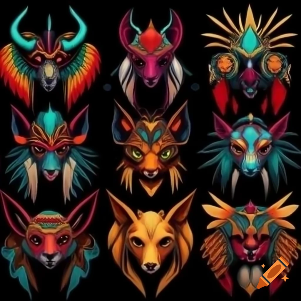 Color serigraph of Salish motifs with fantasy creatures and spirit masks inspired by Ivan Bilibin