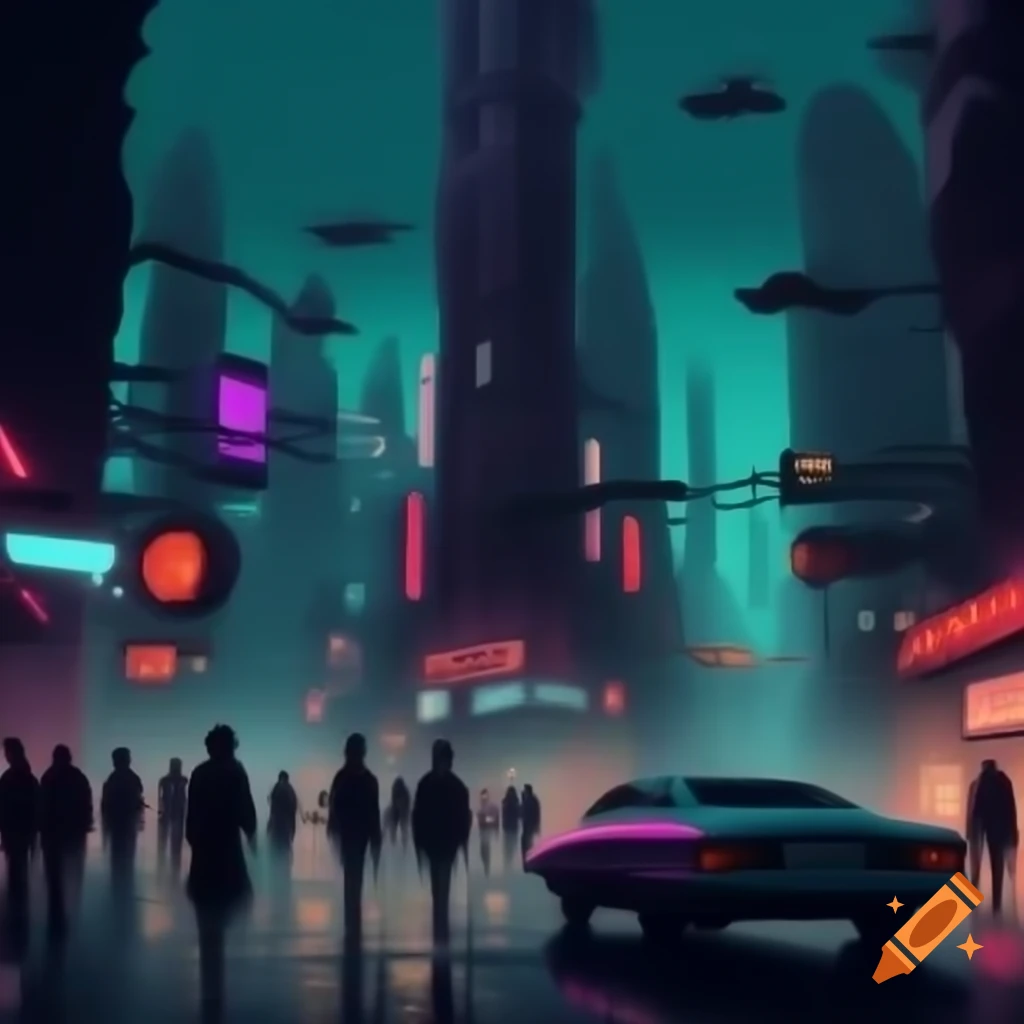 Retro-futuristic cityscape at dusk, blending vintage architecture with advanced technology