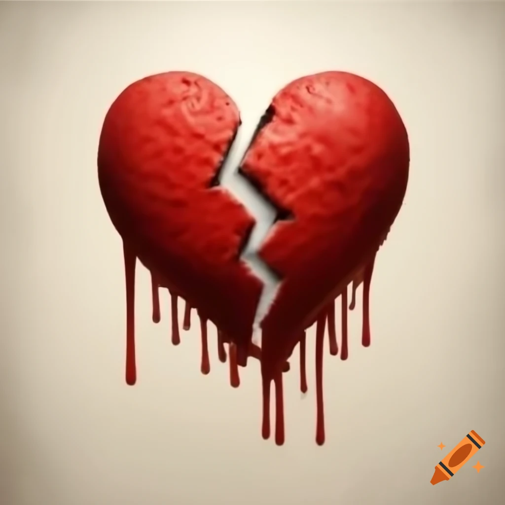 Carved drawing of a broken heart with dripping elements